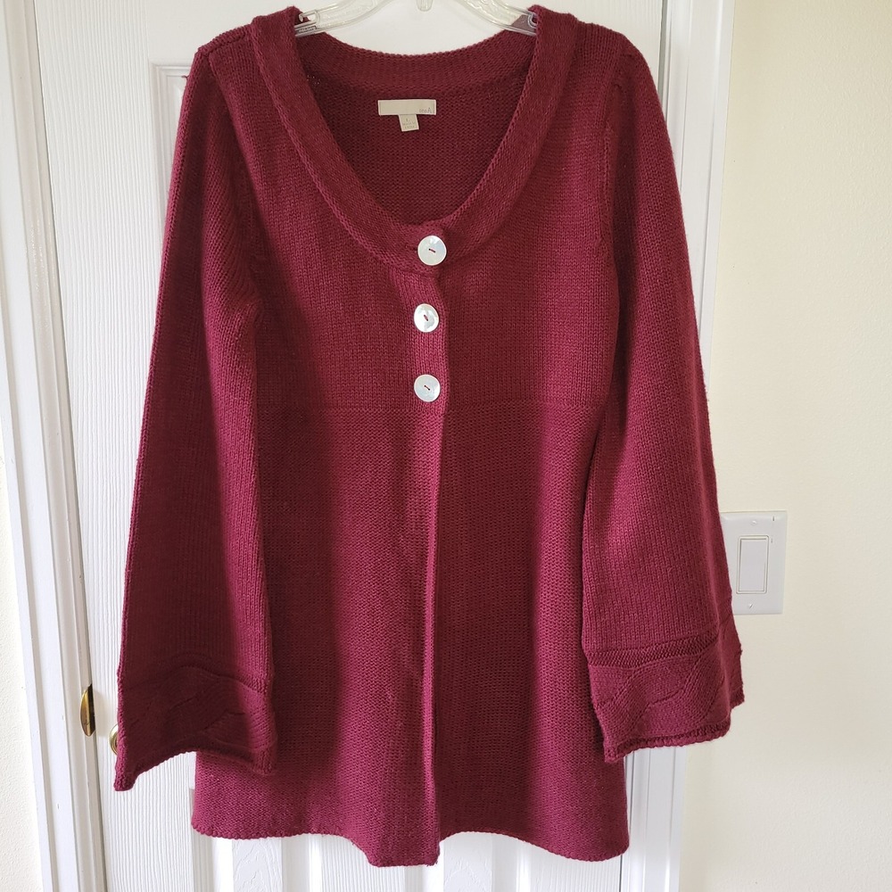 Womens Burgundy Knit Cardigan Sweater Size Large 3 Button Longline Cottagecore